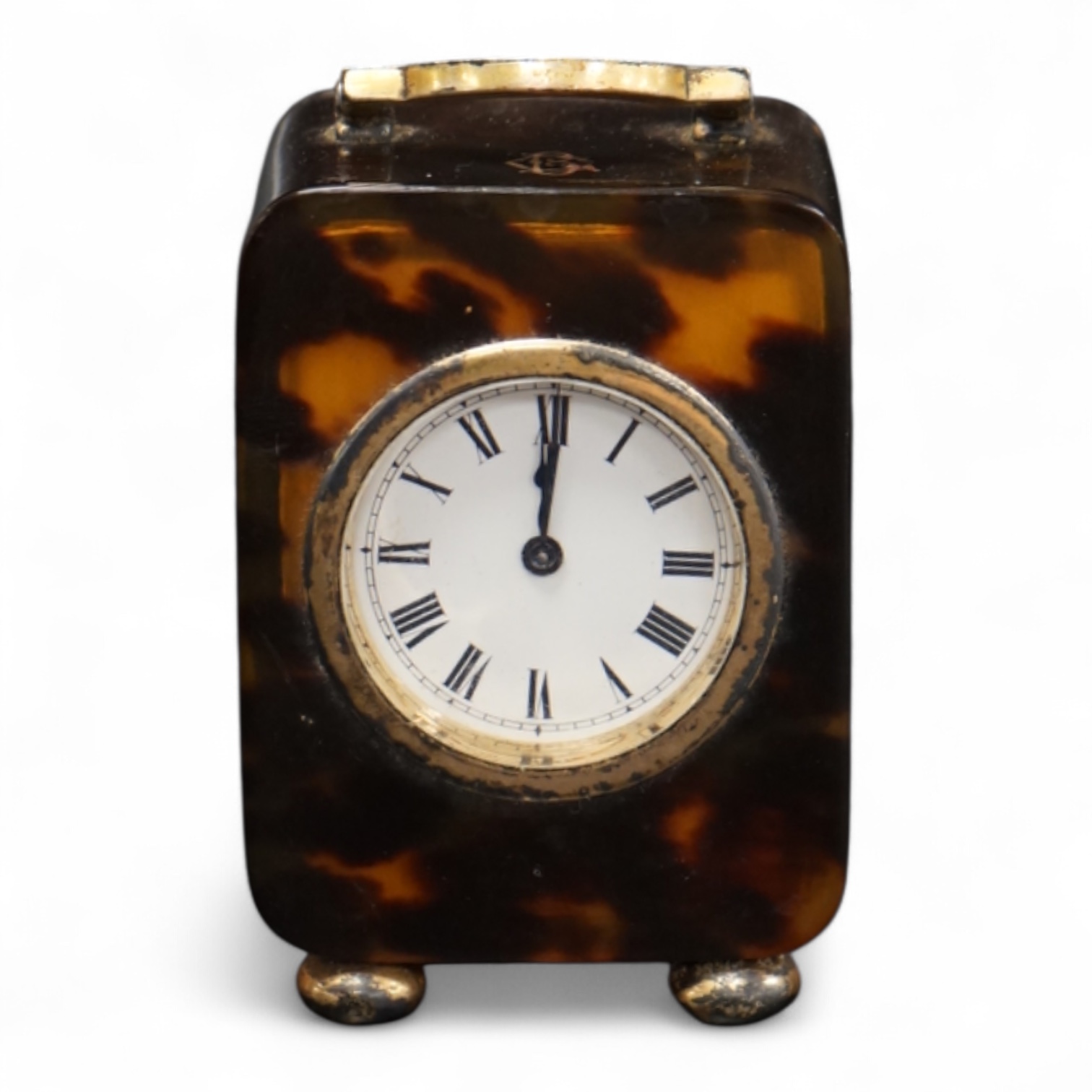 An Edwardian silver gilt mounted tortoiseshell carriage timepiece, with Roman dial, H.A. & Co, London, 1909, 87mm excluding the handle (a.f.)